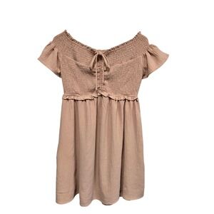 Altar'd State Tan Blush Smocked Off the Shoulder Mini Dress ID51226-01 Large